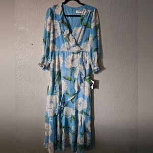 Taylor Dress Maxi Blue Floral Print 8 Line Chiffon Flowy Long Sleeve V Neck NWT